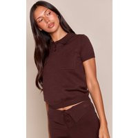Chocolate Pocket Detail Knitted Polo Top, brown | PrettyLittleThing US