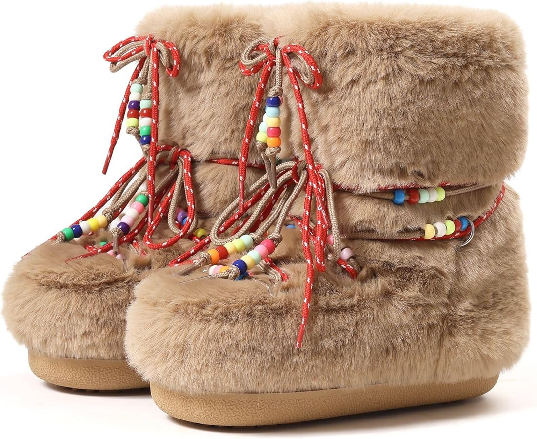 Women Snow Boots Faux Fur Mid Calf Boots Lace-up Fluffy Fuzzy Warm Comfortable Non-slip Round Toe... | Amazon (US)