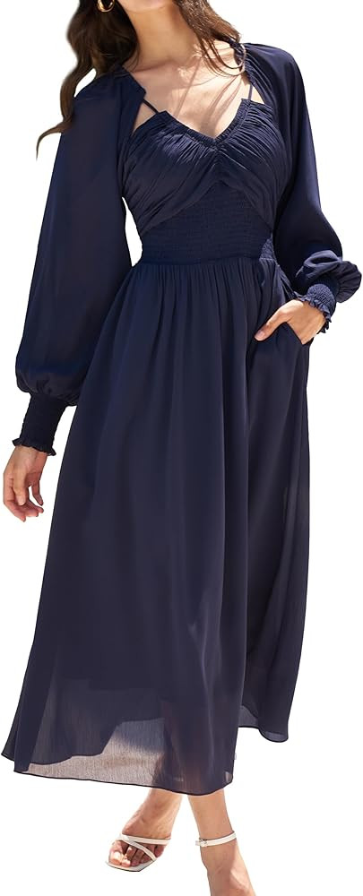 Long Sleeve Chiffon Midi Dresses Cut Out Back Sexy V Neck Smocked Waist Fall Wedding Guest Dress ... | Amazon (US)