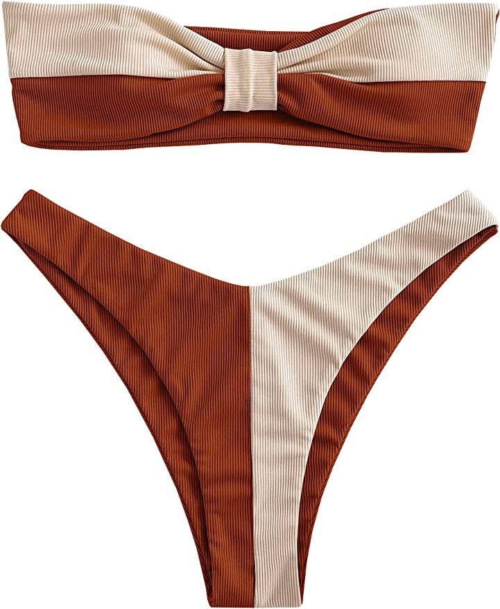 ZAFUL Women Strapless Bikini Set Lace Up Ribbed High Cut Bandeau 2 Piece Swimsuit | Amazon (US)