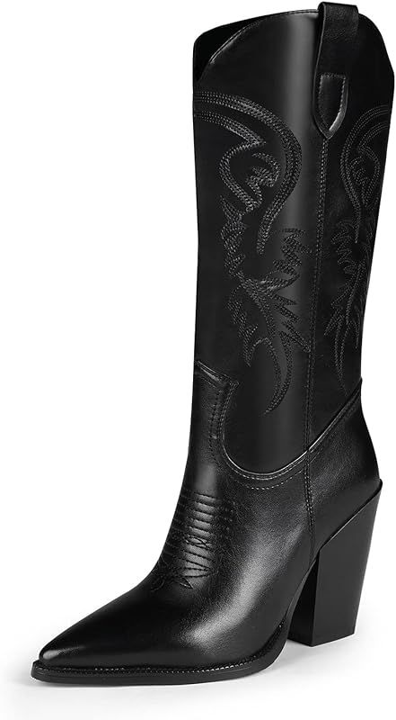Cowgirl Boots for Women, Embroidered Pointed Toe Chunky Heel Western Boots | Amazon (US)