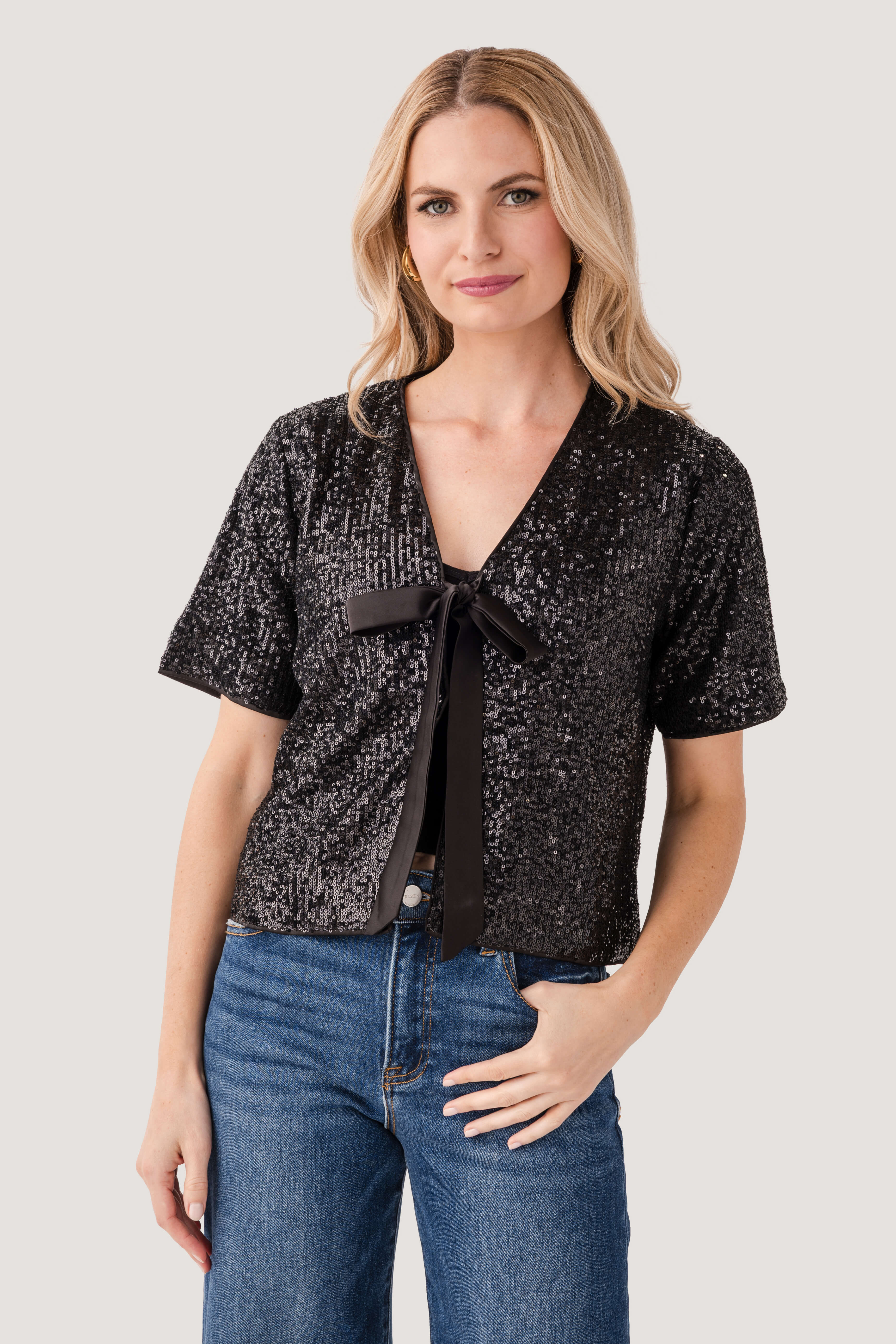 Wishlist Sequin Short Sleeve Bow Top | Social Threads