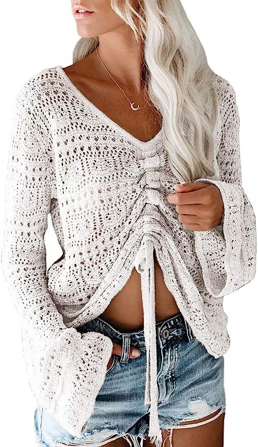 Saodimallsu Womens Boho Off Shoulder Sheer Crop Tops Bell Sleeve Flowy Oversized Crochet Ruched P... | Amazon (US)