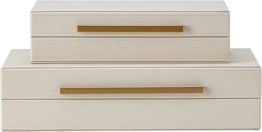 Set of 2 Beige Shagreen Decorative Storage Boxes with Gold Metal Handles – Faux Leather Jewelry... | Amazon (US)
