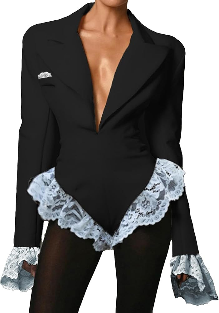 VOIKERDR Black Bodysuit Women Patchwork Lace Long Sleeve V Neck Bodysuit Top Sexy Going Out Outfi... | Amazon (US)