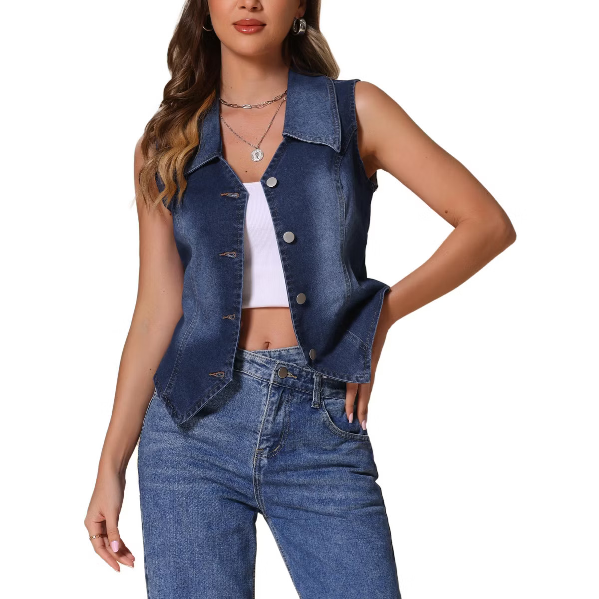 INSPIRE CHIC Women's Sleeveless Turndown Collared V Neck Button Down Waistcoat Denim Vest | Target