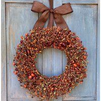 Fall Wreath - Berry With Bow Orange Burgundy Green Door Wreath | Etsy (US)