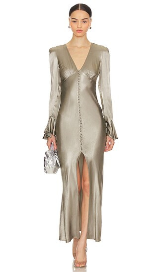 La Lune Frill Cuff Bias Midi Dress in Sage | Revolve Clothing (Global)