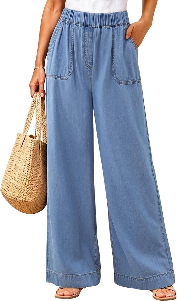 Youtalia Womens Wide Leg High Waisted Pull on Jeans Stretchy Denim Pants with Square Patch Pocket... | Amazon (US)