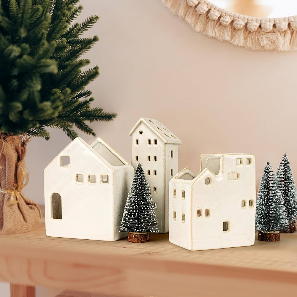 Sunlit Ceramic Christmas Village Sets of 3 Houses with 3 Tea Lights & 3 Frosted Trees, Christmas ... | Amazon (US)
