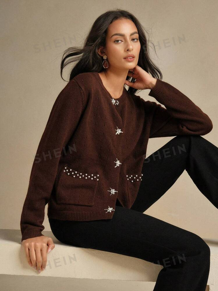 Anewsta Front Button Long Sleeve Pocket Faux Pearl Decor Minimalist Casual Blouse | SHEIN