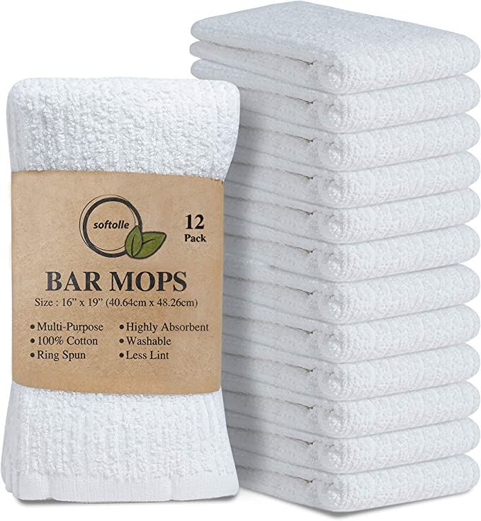 Softolle Kitchen Towels, Pack of 12 Bar Mop Towels -16x19 Inches -100% Cotton White Towels - Supe... | Amazon (US)