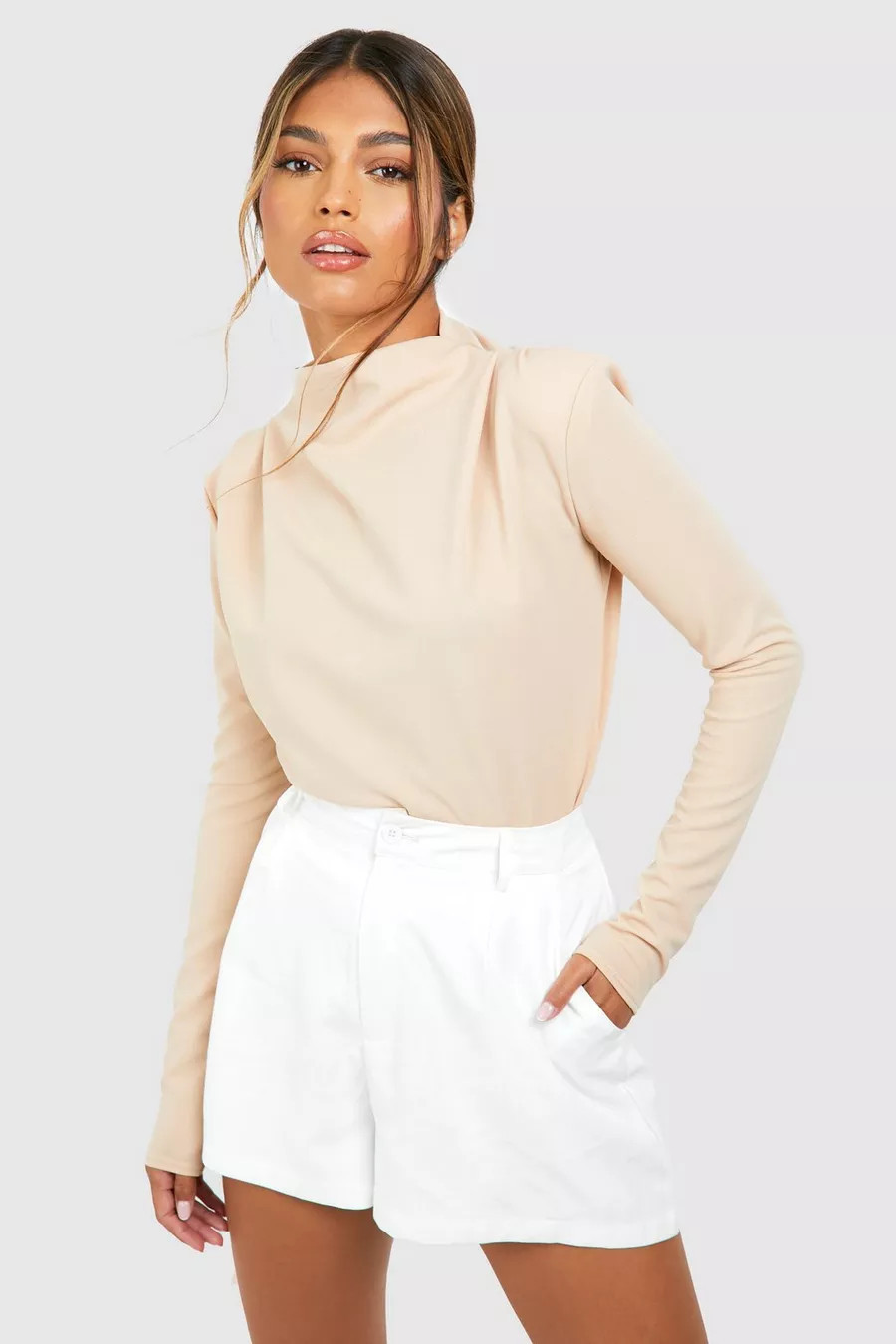 High Neck Long Sleeve Crepe Shoulder Pad Blouse | Boohoo.com (US & CA)
