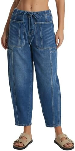 Drawstring Barrel Jeans for Women Elastic Waist Baggy Wide Leg Denim Pants | Amazon (US)