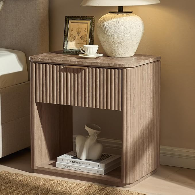 Fluted Nightstand with Drawer, Bedside Table with Faux Marble-Top, Engineered Wood Side Table wit... | Amazon (US)