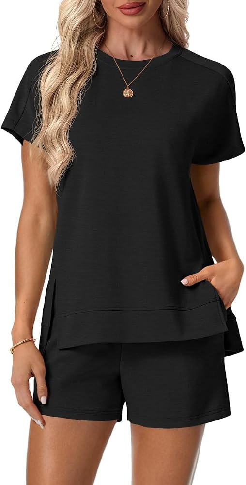 Lepunuo Shorts Sets Women 2 Piece Outfits Summer Short Sleeve Tops Elastic Waist Matching Lounge ... | Amazon (US)