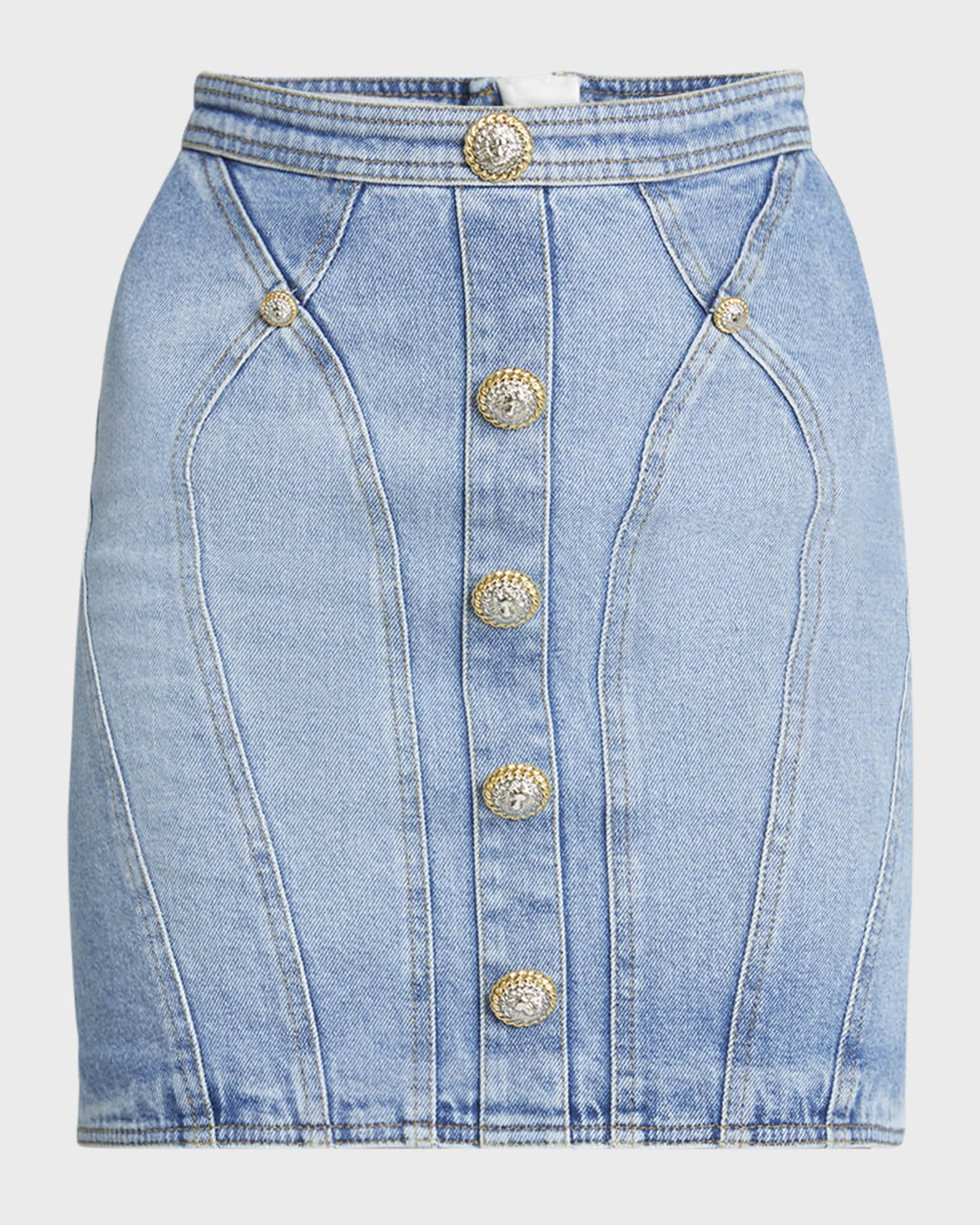 Seamed Denim Pencil Skirt with Gold-Tone Buttons | Neiman Marcus