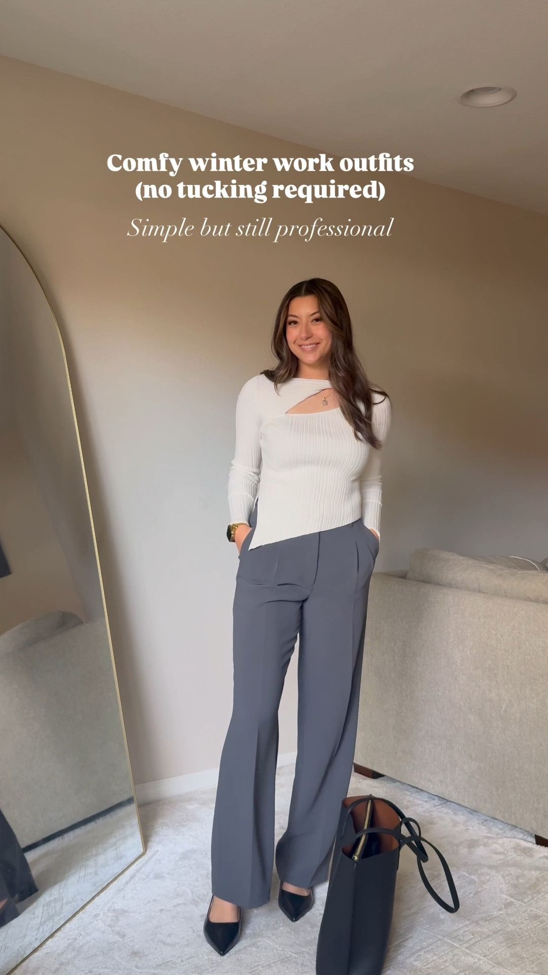 Comfortable work outfits
Office outfit - business casual / professional 

Outfit 1
• asymmetrical sweater - princess polly, size s
• trousers - aritzia, size 6 regular charcoal crepette (dark grey is closer in stock color) 
• shoes - linked exact and similar 
• leather tote - Quince 

Outfit 2 
Cardigan - xs, super warm 
Trousers - size 27 regular curve love 
Sophiya jewelry necklace 
Brown boots - tts 
Bag - old Madewell 

#workwear #officewear #teacheroutfits #sneakers #comfyofficeoutfits #office

#LTKWorkwear