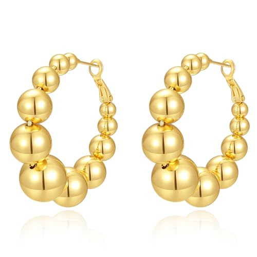 Hius 18K Gold Plated Beaded Hoop Earrings for Women, Thick Silver Ball Earrings, Women's Chunky Hoop Earrings, Trendy Jewelry for women (Large-Gold) | Amazon (US)