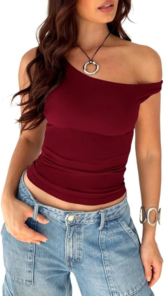 Casual Plain Color Casual Shoulder Short Sleeve Top Trendy Tops | Amazon (US)