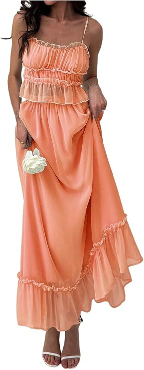 SOLY HUX Women's Skirt Sets 2 Piece Outfits Contrast Trim Ruffle Hem Cami Tops and Maxi Skirt Vac... | Amazon (US)