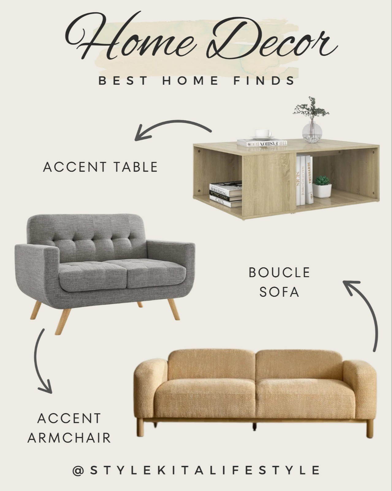 Chic home finds you won't want to miss! Get the look with this boucle sofa, accent arm chair, and the perfect accent table. Tap to shop!#LTKhome #homedecor #boucle #livingroomgoals #neutraldecor

#LTKSaleAlert #LTKHome #LTKActive