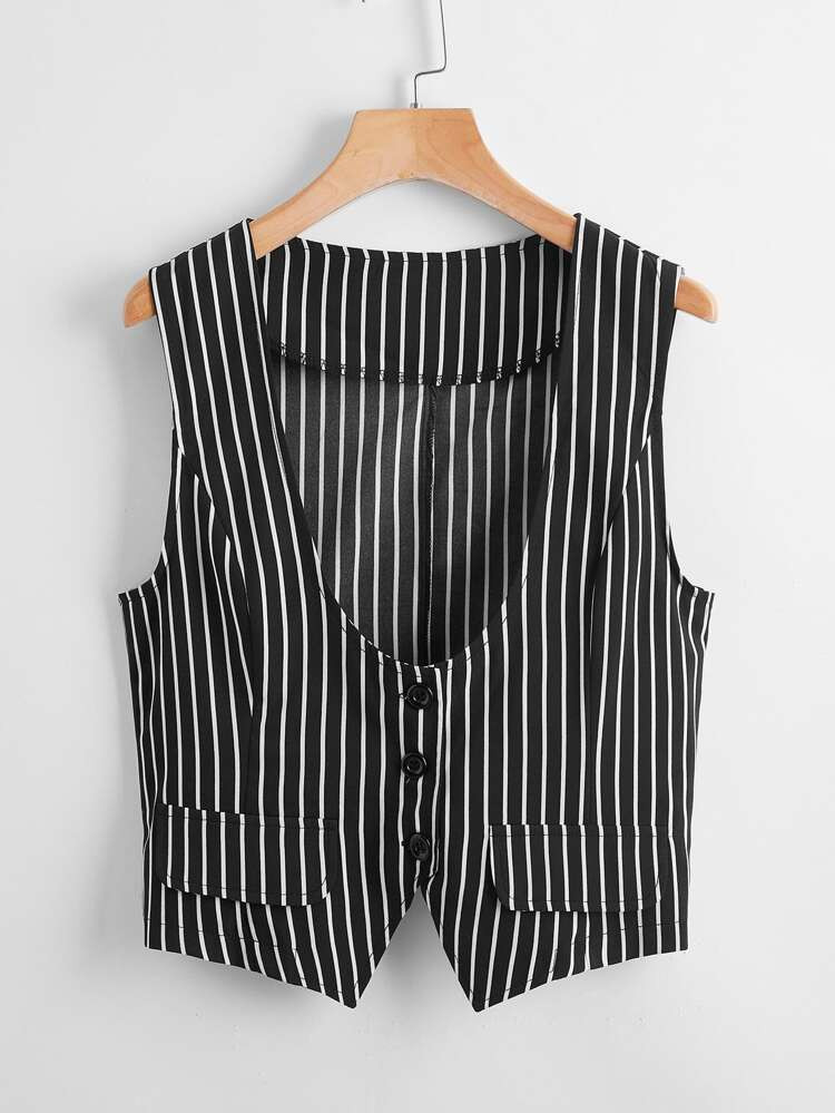 Striped Button Front Vest Blazer | SHEIN