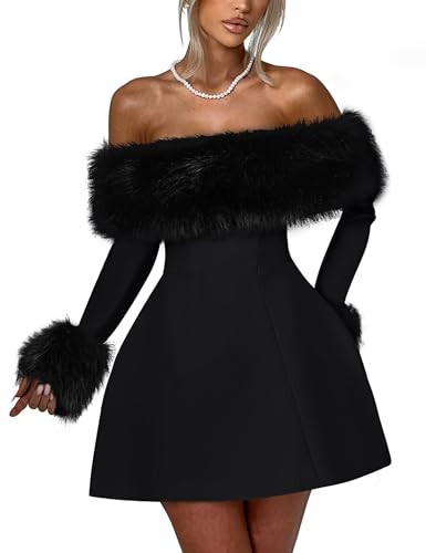 YMDUCH Women's Off Shoulder Long Sleeve Fur Trim A-Line Party Club Mini Dress Black | Amazon (US)