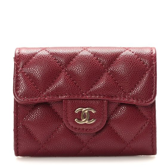 Iridescent Caviar Quilted Flap Card Holder Wallet Burgundy | FASHIONPHILE (US)