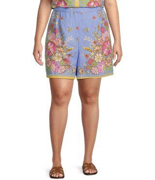 Plus Size Floral Border Coordinating Elastic Back Shorts | Dillard's