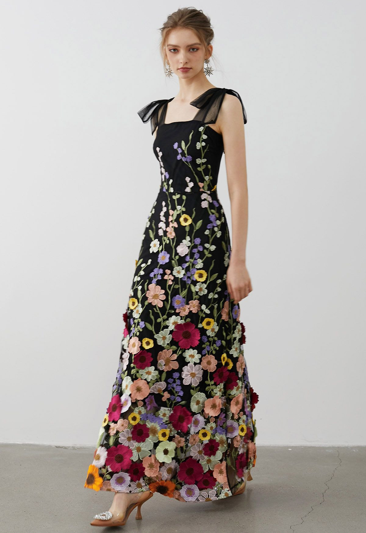 3D Floral Applique Tie-Strap Mesh Tulle Maxi Dress in Black | Chicwish