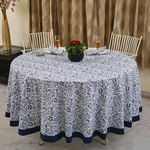 Ridhi Denim Blue 100% Cotton Spring Summer Round Tablecloth, Block Print Table Cloth for Dining, Weddings, Outdoors, Parties, Grand Millenial Home 60" Inches Round | Amazon (US)