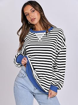 ANRABESS Women Striped Oversized Sweatshirt Long Sleeve Crewneck Hoodies Shirts 2024 Fall Pullove... | Amazon (US)