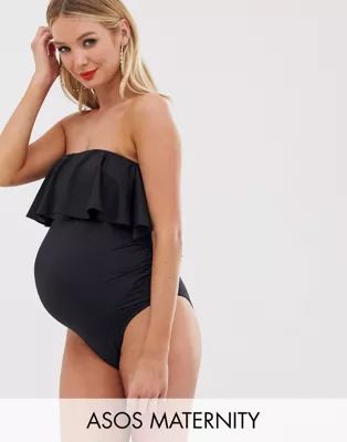 ASOS DESIGN recycled maternity bandeau minimal frill swimsuit in black | ASOS (Global)