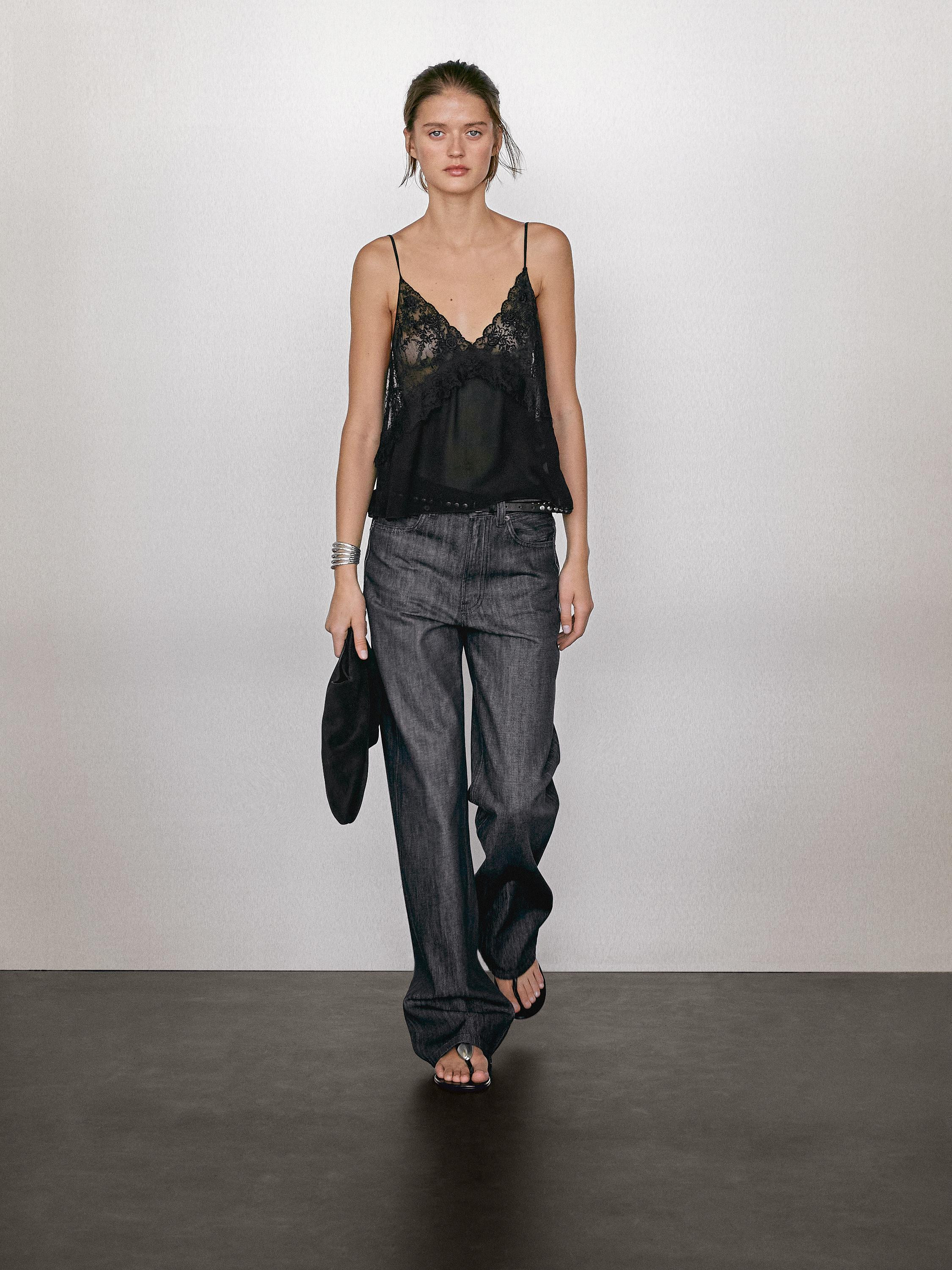 Lingerie top with V-neckline and thin straps. Lace detail. Fine, lightweight fabric. | Massimo Dutti UK