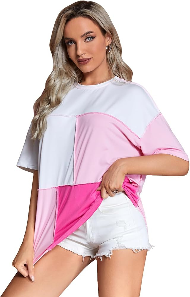Floerns Women'S Colorblock Stitching Trim Short Sleeve Crew Neck Loose T-Shirt Top | Amazon (US)