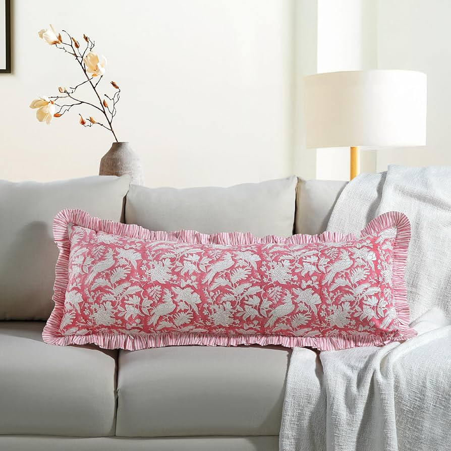 CPC Coral Pink 100% Cotton Block Print Ruffle Sham Cover 14x36 inch, Handmade Boho Floral Pillowc... | Amazon (US)
