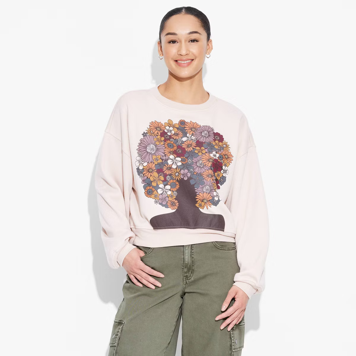 Women's Flower Hair Graphic Sweatshirt - Beige | Target