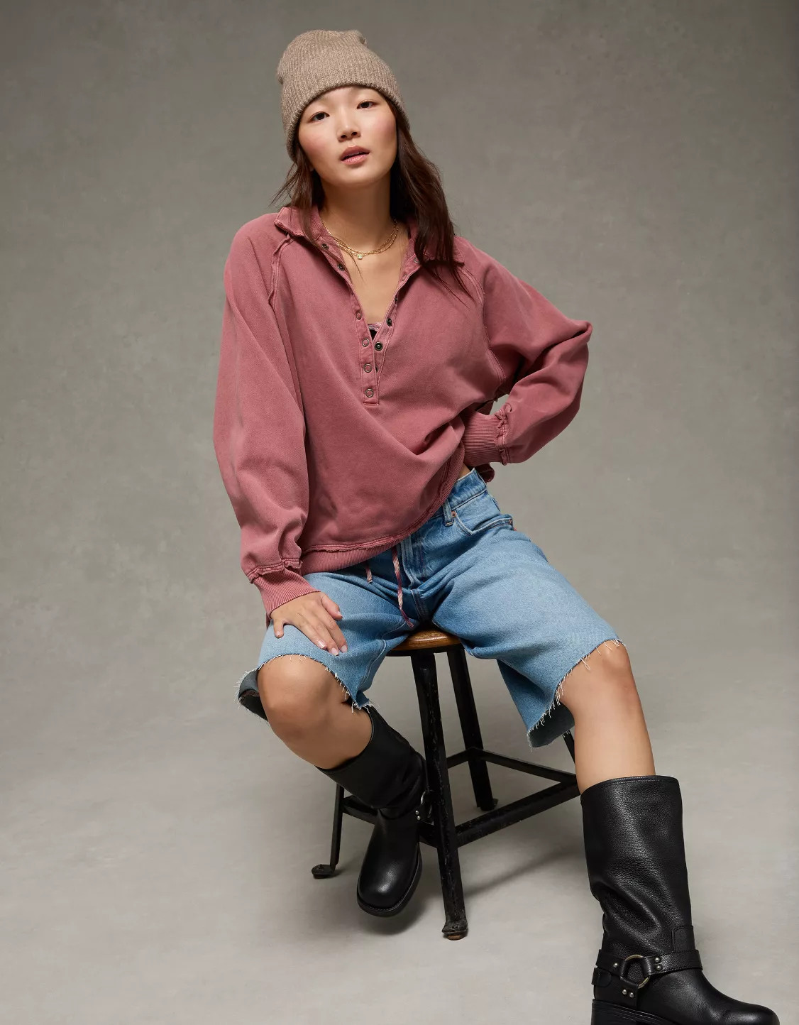 AE Big Hug Henley Sweatshirt | American Eagle Outfitters (US & CA)