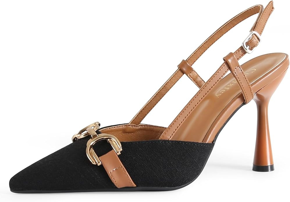 Comixfey Women's Pointed Toe Slingback Pumps Stiletto Heels with Adjustable Buckle | Amazon (US)