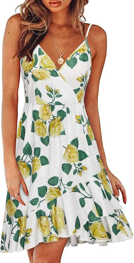 ULTRANICE Womens Summer Floral Wrap V Neck Adjustable Spaghetti Casual Ruffle Dress | Amazon (US)