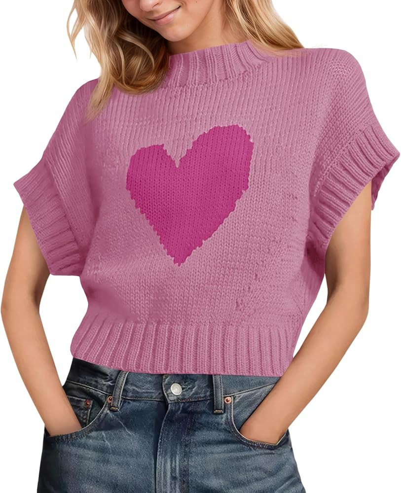 Saodimallsu Womens Cap Sleeve Cropped Sweater Mock Neck Cute Heart Loose Valentine Knit Tank Tops | Amazon (US)