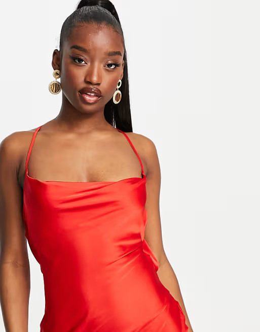 NaaNaa midi cowl neck satin slip dress in red | ASOS (Global)