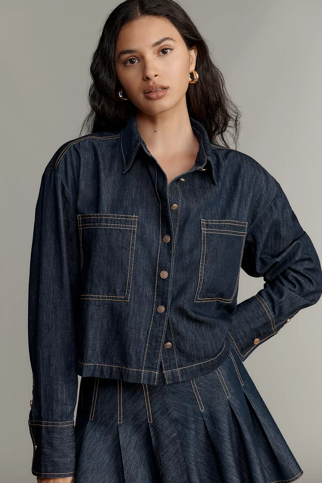 Maeve Long-Sleeve Crop Denim Buttondown Shirt | Anthropologie (US)