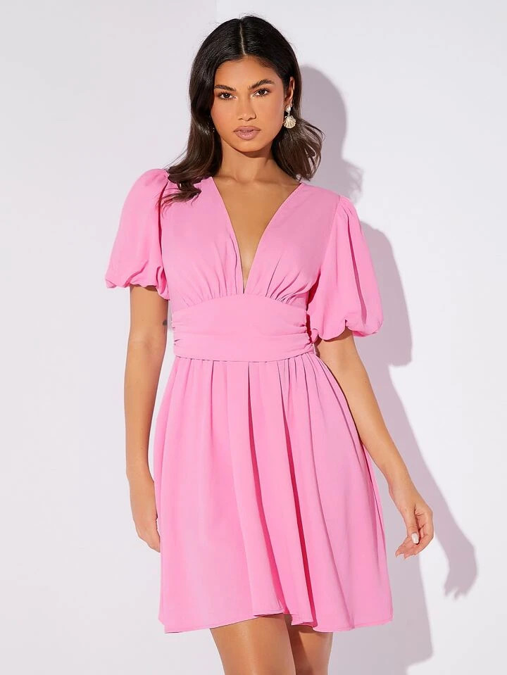 Plunging Neck Puff Sleeve Dress | SHEIN
