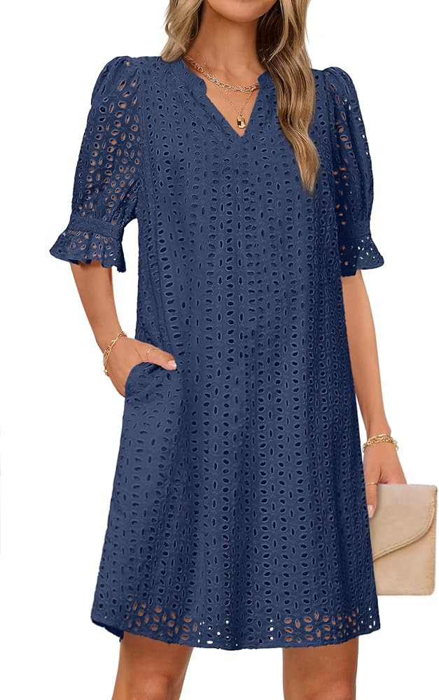 MEROKEETY Women's 2025 Summer Short Sleeve Mini Dress V Neck Ruffle Hollow Out Eyelet Lace Dresse... | Amazon (US)