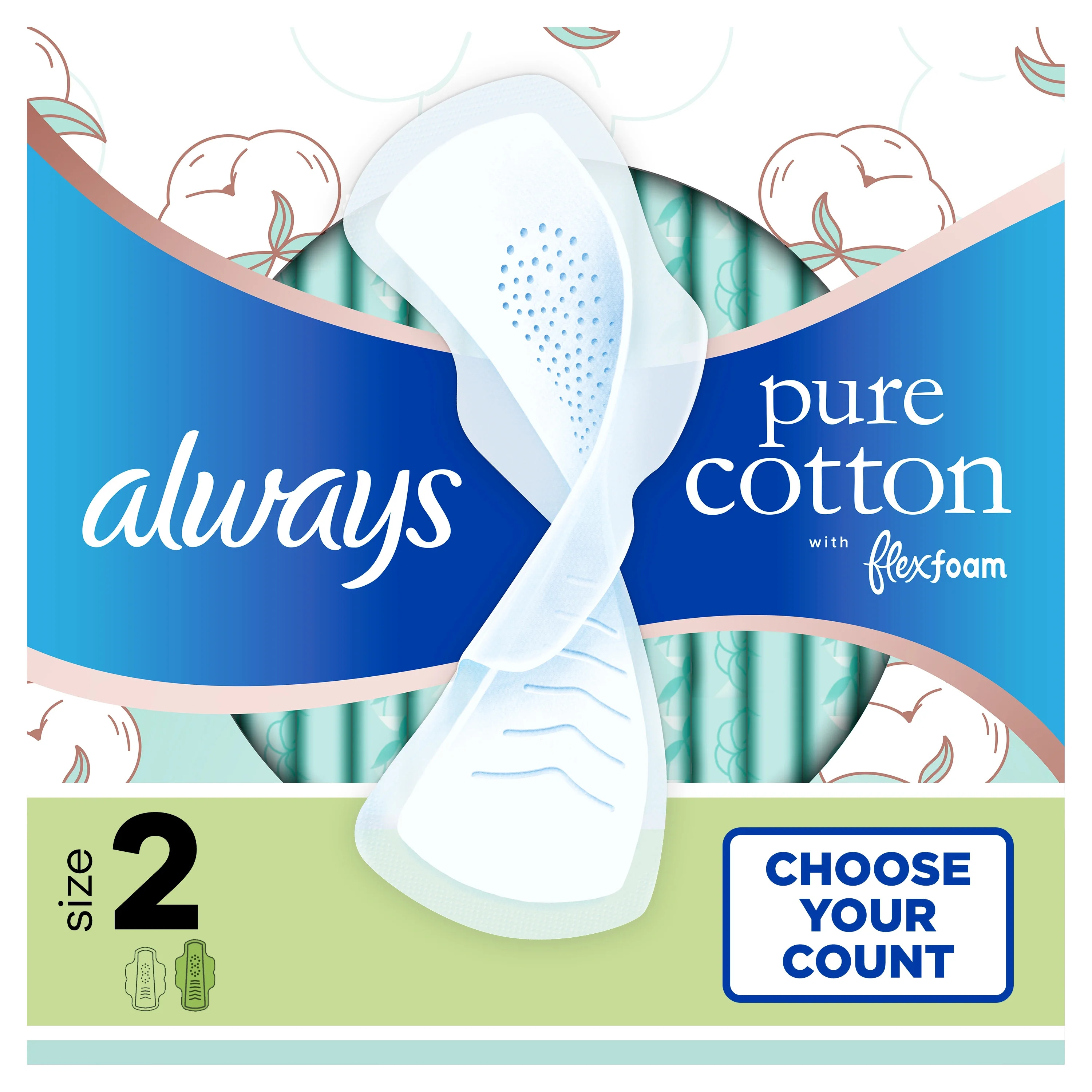 Always Pure Cotton with FlexFoam Pads Heavy Flow Size 2, 24 Count - Walmart.com | Walmart (US)