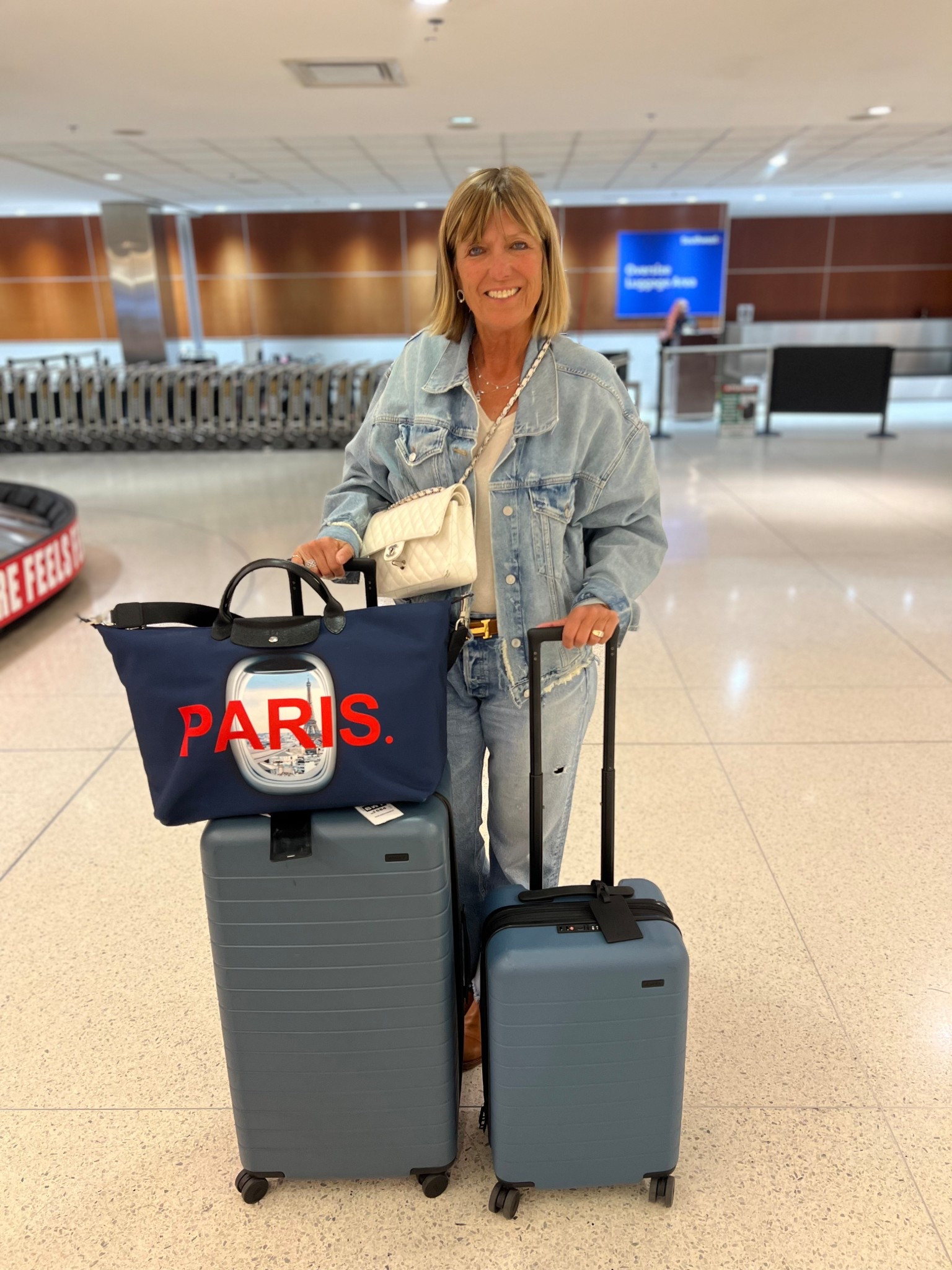 A girl in her blues….💙🧿💎🦋

Oversized  denim Jacket, cashmere sweater and blue denim jeans to go with my denim colored  AWAY luggage! 
Add alittle @lonchamp curated Paris bag from a luxury resale boutique, and I have found my outfit to Paris! 


#LTKStyleTip #LTKTravel #LTKMidsize
