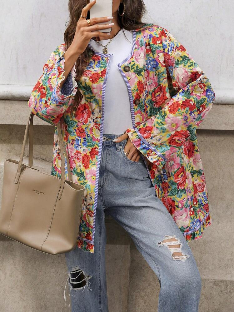 SHEIN ChicEase Gewatteerde jas met bloemenprint voor dames, losse pasvorm, herfst-winterkleding | SHEIN