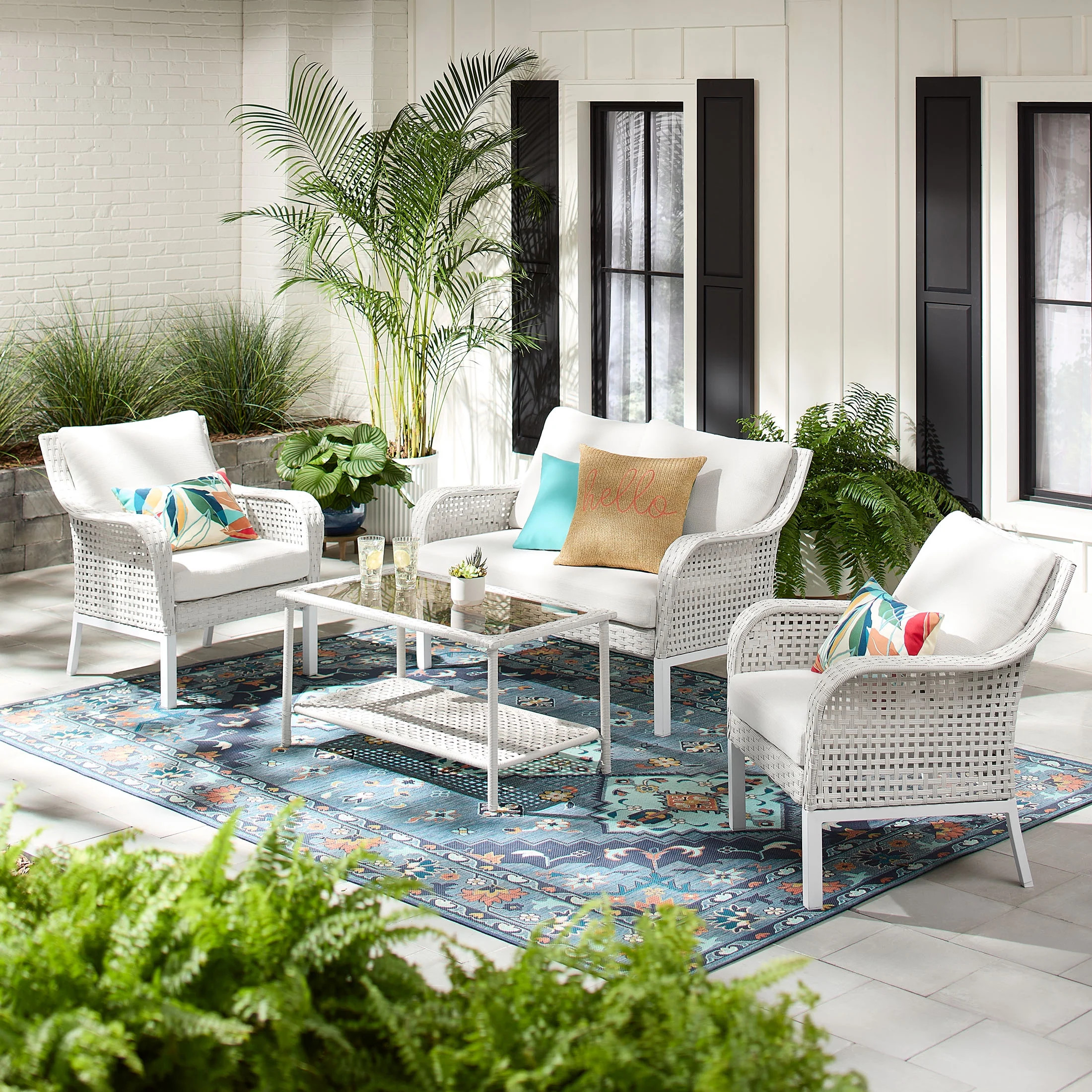 Mainstays Tuscany 4-Piece Wicker and Steel Outdoor Conversation Set, White/Cream | Walmart (US)